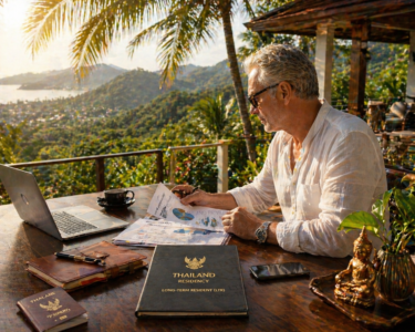 Un homme portant des lunettes de soleil lit des documents à un bureau en plein air avec un ordinateur portable, un livret de visa de résident de longue durée (LTR) Thaïlande, un passeport et un téléphone, entouré d'un paysage tropical et surplombant un paysage côtier luxuriant.