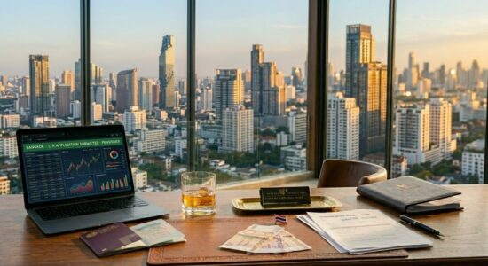 Devant de grandes fenêtres, un bureau donne sur la ligne d'horizon de la ville. Sur le bureau se trouvent des graphiques sur un ordinateur portable, un verre de whisky, des documents, des devises, un passeport avec un autocollant Visa Long-Term Resident (LTR) Thaïlande et une plaque d'identité. La lumière du soleil emplit la pièce.