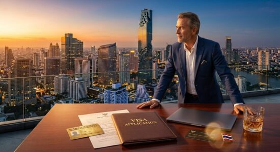 Un homme en costume se tient sur un toit au coucher du soleil, avec la ligne d'horizon de la ville derrière lui. Sur la table se trouvent des documents relatifs au visa de résident de longue durée (LTR) Thaïlande, une carte d'identité, un ordinateur portable et un verre de whisky orné d'une épingle représentant le drapeau thaïlandais.